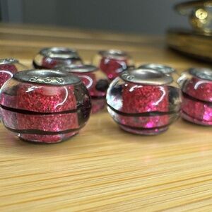 Glass Pink and Black Beads (9) .925 core